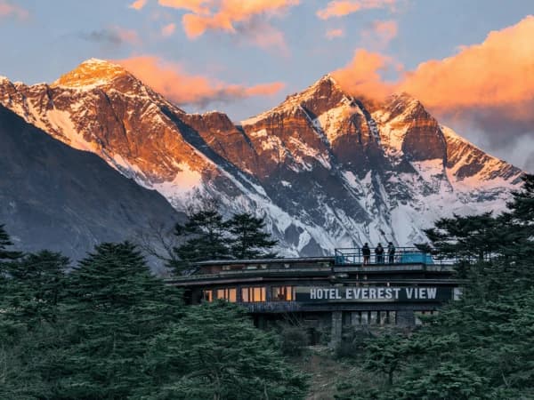Everest View Hotel terrace above Namche Bazaar with the Khumbu peaks, Nepal