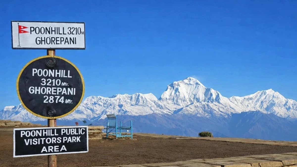Sunrise view from Poon Hill with snow-covered peaks of the Annapurna Range and Dhaulagiri, seen from Ghorepani, Nepal.