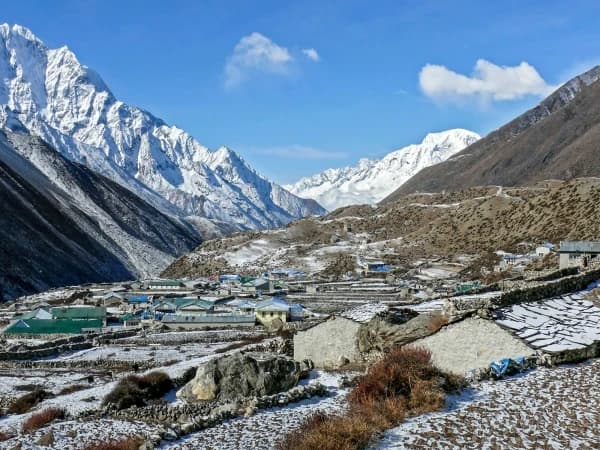 Trekkers on the trail to Everest Base Camp by road with Himalayan peaks in the background